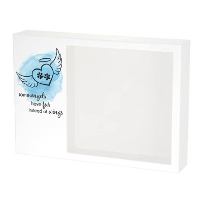 Shadowbox Pet Urn with heart with paw prints and angel wings and text that reads some angels have fur instead of wings