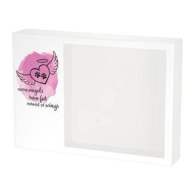 Shadowbox Pet Urn with heart with paw prints and angel wings and text that reads some angels have fur instead of wings