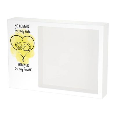 Shadowbox Pet Urn with cat in yellow and text that reads no longer by my side forever in my heart