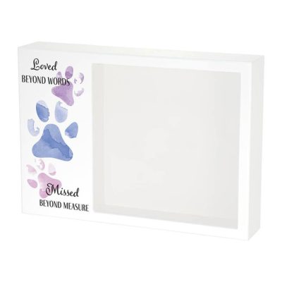 Shadowbox Pet Urn with purple paw prints and text that says loved beyond words missed beyond measure