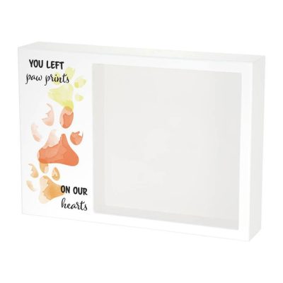 Shadowbox Pet Urn with Paw Prints in red and text that says you left paw prints on our hearts