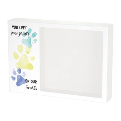 Shadowbox Pet Urn with Paw Prints in teal and text that says you left paw prints on our hearts