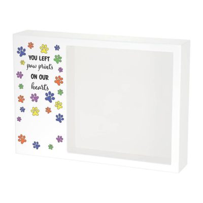 Shadowbox Pet Urn with colorful paw prints and text