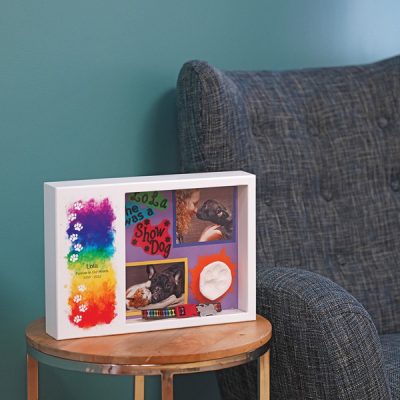 Shadowbox Pet Urn Rainbow Path on a table with pet photos and memorabilia in the shadowbox